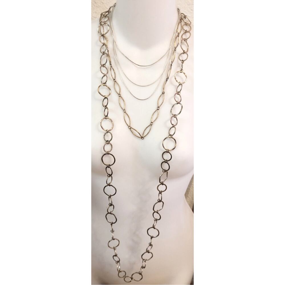 Lot of 3 Silvertone Metal Necklaces Chains Open Metal Loops Multistrand Y2K